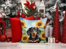 Dachshund in Sunflowers Throw Pillow Machine Washable, Indoor Outdoor Decorative Pillow for Couch, Bed or Patio, 14Hx14W